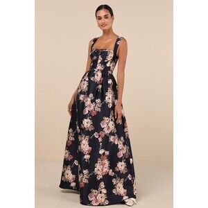 Lulus Elegant Pick Navy Blue Floral Sleeveless Bustier Maxi Dress - Size M